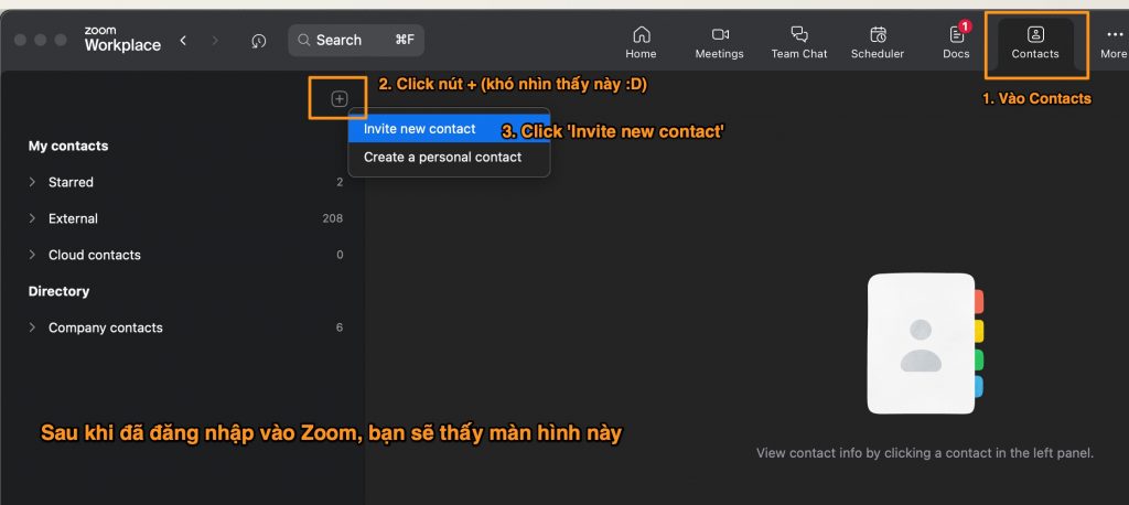 Vào phần Contacts